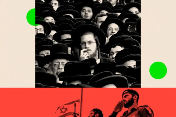 BBC A split image showing protesting Haredi men on the top, and a row of IDF soldiers on the bottom. The images are overlaid with red and green design elements.