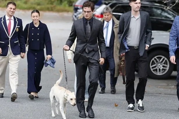 Getty Images Braden Peters, known as Clavicular, is wearing a black suit and walking in a parking lot with entourage and a dog on a leash