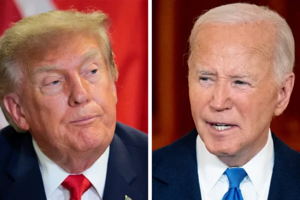 Getty Images Image shows US President Donald Trump on the left hand side, wearing a blue suit jacket, white shirt and red tie. On the right is Joe Biden wearing a blue suit jacket, white shirt and blue tie.