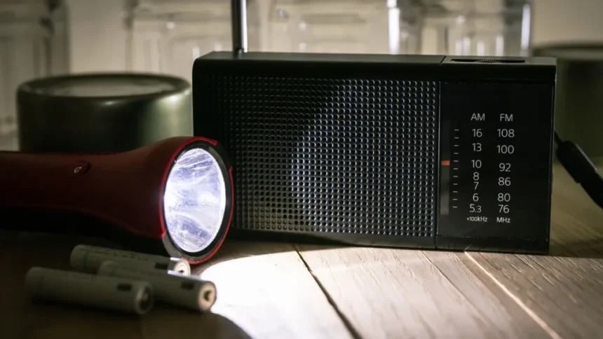 Getty Images A red torch shines a beam of light on a black portable radio.
