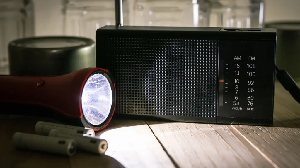 Getty Images A red torch shines a beam of light on a black portable radio.