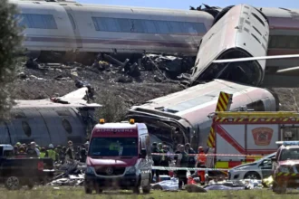 EPA Emergency services work at the site of a train crash between two high-speed units, a Renfe AVE train and an Iryo train around 150 km south of Madrid between Urda and Los Yebenes in the province of Toledo, on October 28, 2026.