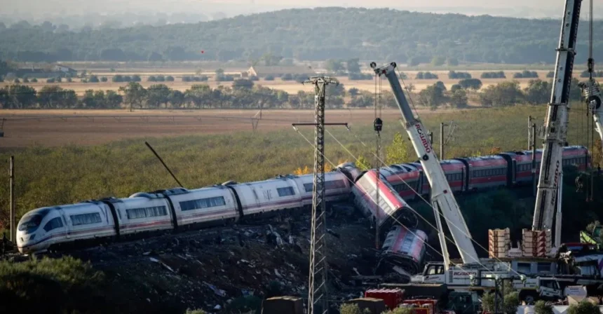 Reuters View of the two smashed trains near Toledo, Spain, 29 Oct 2026, with rescuers' cranes at scene and a plain and hills in background