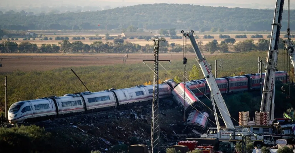 Reuters View of the two smashed trains near Toledo, Spain, 29 Oct 2026, with rescuers' cranes at scene and a plain and hills in background