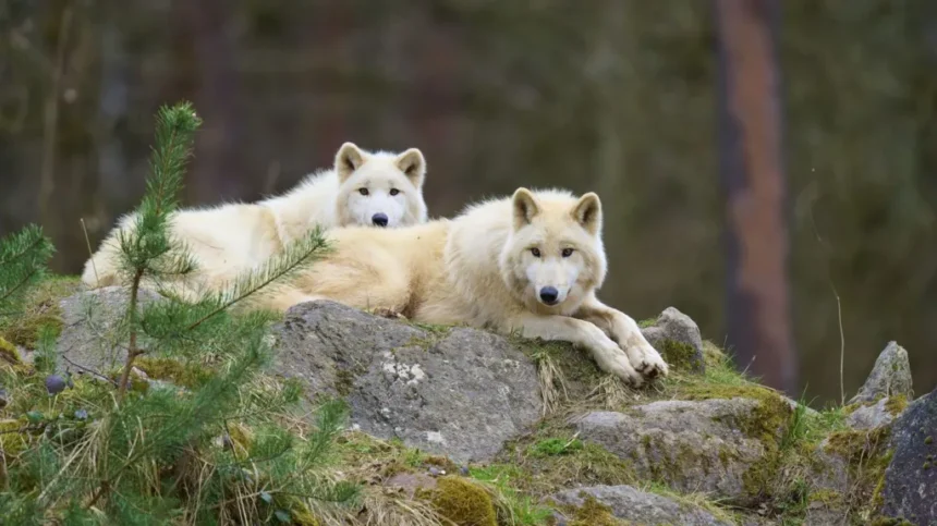 Getty Images Two Arctic wolves lying on a rock in a wooded area, with foliage seen around them