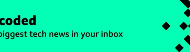 A green promotional banner with black squares and rectangles forming pixels, moving in from the right. The text says: “Tech Decoded: The world’s biggest tech news in your inbox every Monday.”