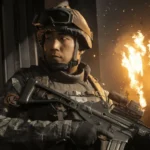 Infinity Ward / Activision An in-game screenshot showing a male Korean soldier holding a gun with a building on fire behind him.