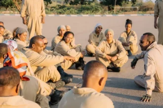 Abiy Ahmed A photo of Abiy Ahmed seated on the ground, while wearing brown military attire. He is speaking to a group of people wearing same brown attire, who are also seated on the ground.