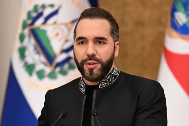 Getty Images Nayibe Bukele in a black jacket with a stitched design around the collar. Two flags are hung behind him.