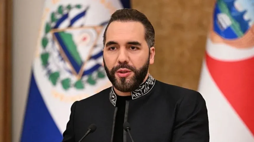 Getty Images Nayibe Bukele in a black jacket with a stitched design around the collar. Two flags are hung behind him.