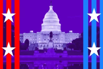 BBC Illustration of the US Capitol with red and blue campaign-style stripes and stars representing the two main political parties.