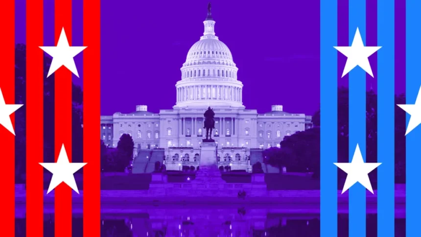 BBC Illustration of the US Capitol with red and blue campaign-style stripes and stars representing the two main political parties.