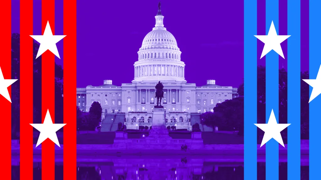 BBC Illustration of the US Capitol with red and blue campaign-style stripes and stars representing the two main political parties.