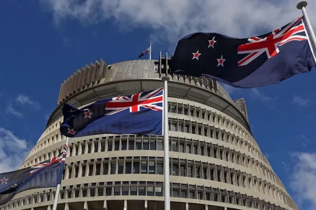 Getty Images New Zealand flags flutter in the wind in clear blue skies with the parliament building in Wellington in the background