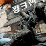 Activision A still from Call of Duty Modern Warfare 4 showing a soldier leaping over a car on a South Korean street. He wears a helmet and protective gear and is armed with a large gun.