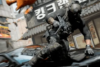 Activision A still from Call of Duty Modern Warfare 4 showing a soldier leaping over a car on a South Korean street. He wears a helmet and protective gear and is armed with a large gun.