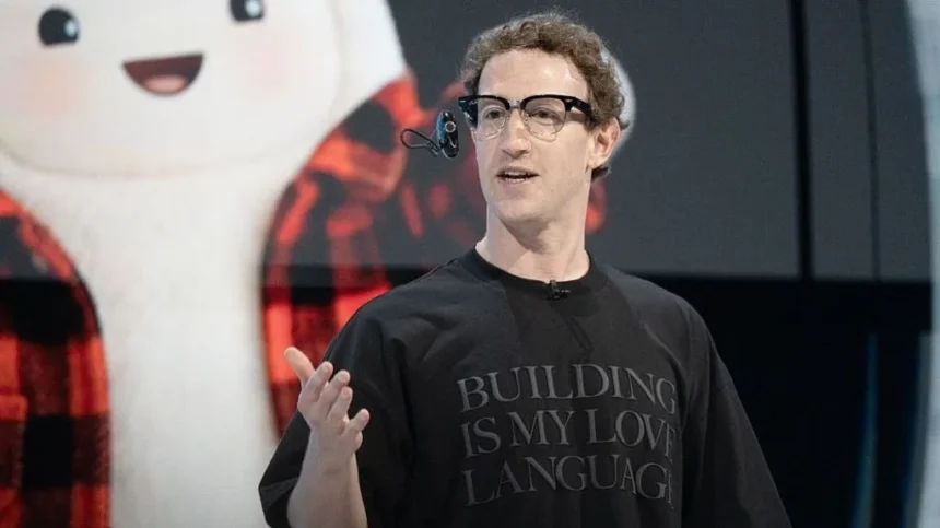Getty Images Meta chief executive Mark Zuckerberg wears a black t-shirt which reads: "Building is my love language".