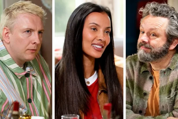BBC Three people seated side by side in a composite image, each shown from the chest up around a table indoors. The left panel shows comedian Joe Lycett with short light-coloured hair wearing a loose green-and-white striped shirt. The centre panel shows Maya Jama with long dark hair wearing a red top and brown jacket. The right panel shows Michael Sheen with curly grey hair and a beard wearing a green check-pattern overshirt over an orange top. Out-of-focus glasses and table items are visible in the foreground, with softly lit indoor backgrounds behind each person.
