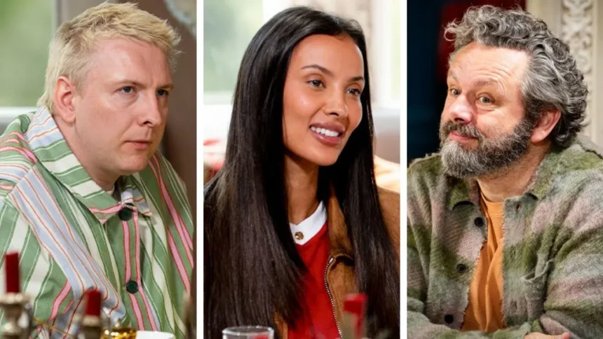 BBC Three people seated side by side in a composite image, each shown from the chest up around a table indoors. The left panel shows comedian Joe Lycett with short light-coloured hair wearing a loose green-and-white striped shirt. The centre panel shows Maya Jama with long dark hair wearing a red top and brown jacket. The right panel shows Michael Sheen with curly grey hair and a beard wearing a green check-pattern overshirt over an orange top. Out-of-focus glasses and table items are visible in the foreground, with softly lit indoor backgrounds behind each person.
