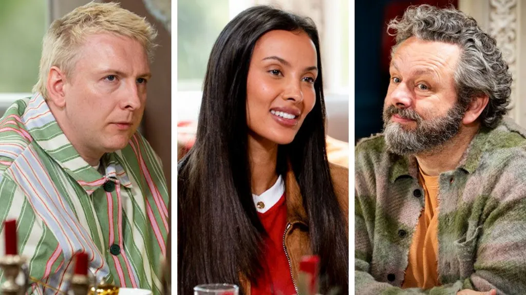 BBC Three people seated side by side in a composite image, each shown from the chest up around a table indoors. The left panel shows comedian Joe Lycett with short light-coloured hair wearing a loose green-and-white striped shirt. The centre panel shows Maya Jama with long dark hair wearing a red top and brown jacket. The right panel shows Michael Sheen with curly grey hair and a beard wearing a green check-pattern overshirt over an orange top. Out-of-focus glasses and table items are visible in the foreground, with softly lit indoor backgrounds behind each person.