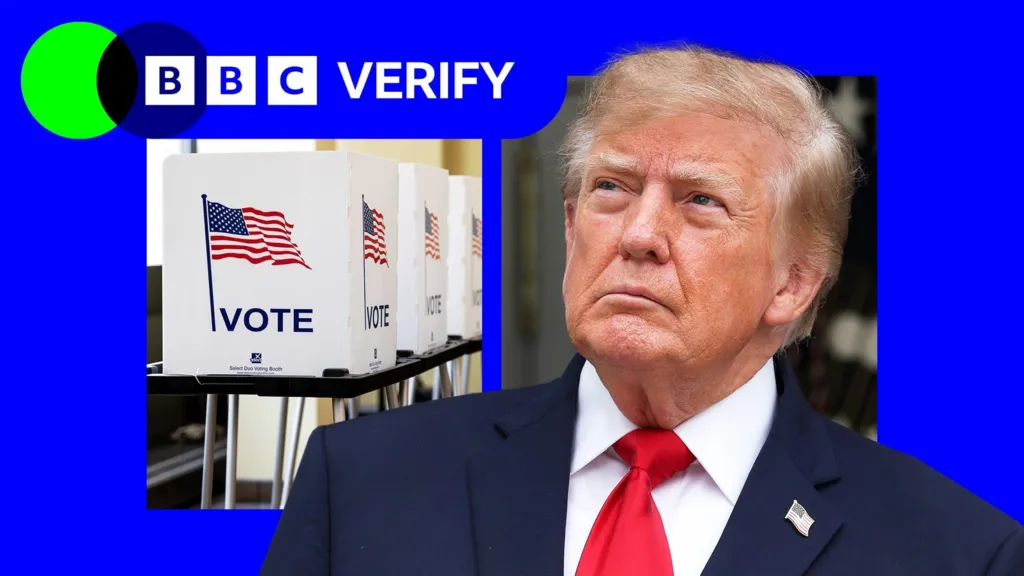 Getty Images President Trump on the right with a row of US voting booths on the left.