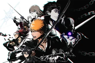 Bandai Namco Artwork for bleach shows Ichigo Kurosaki at the centre of a collection of nine characters from Bleach. Each one is stylised and has a distinctive garment or feature. A diagonal line cuts through the middle of the picture, dividing the group into "light" and "dark" sides.