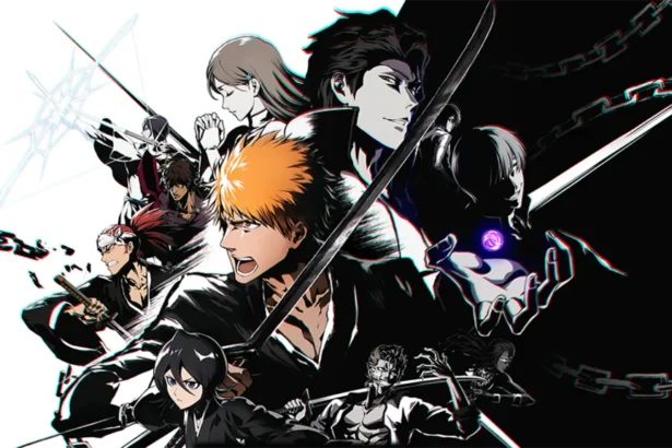Bandai Namco Artwork for bleach shows Ichigo Kurosaki at the centre of a collection of nine characters from Bleach. Each one is stylised and has a distinctive garment or feature. A diagonal line cuts through the middle of the picture, dividing the group into "light" and "dark" sides.