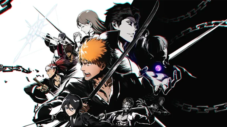 Bandai Namco Artwork for bleach shows Ichigo Kurosaki at the centre of a collection of nine characters from Bleach. Each one is stylised and has a distinctive garment or feature. A diagonal line cuts through the middle of the picture, dividing the group into "light" and "dark" sides.