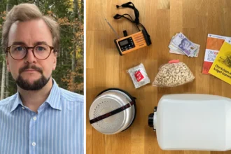 Andreas Wennerberg A picture of Andreas, a man with brown hair in glasses and a blue shirt, and a picture of supplies including nuts, brochures, water and cash