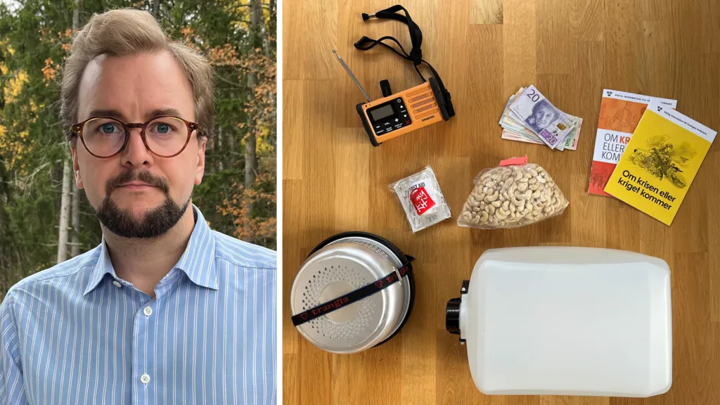 Andreas Wennerberg A picture of Andreas, a man with brown hair in glasses and a blue shirt, and a picture of supplies including nuts, brochures, water and cash