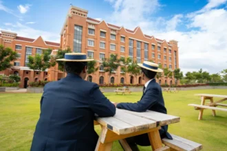 Harrow School, Bengaluru Harrow school, Bengaluru students sitting in the garden and looking at the main building wearing traditional uniforms and hats.