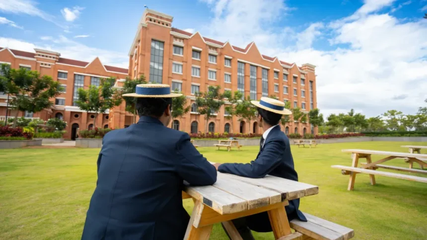Harrow School, Bengaluru Harrow school, Bengaluru students sitting in the garden and looking at the main building wearing traditional uniforms and hats.