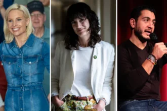 Getty Images Composite image of Ashley Hinson, Marie Gluesenkamp Perez and Abdul El-Sayed. Hinson (left) wears a dark denim dress, Gluesenkamp Perez (centre) wears a light blazer over a light top, and El-Sayed (right) wears a dark V-neck jumper and holds a microphone.