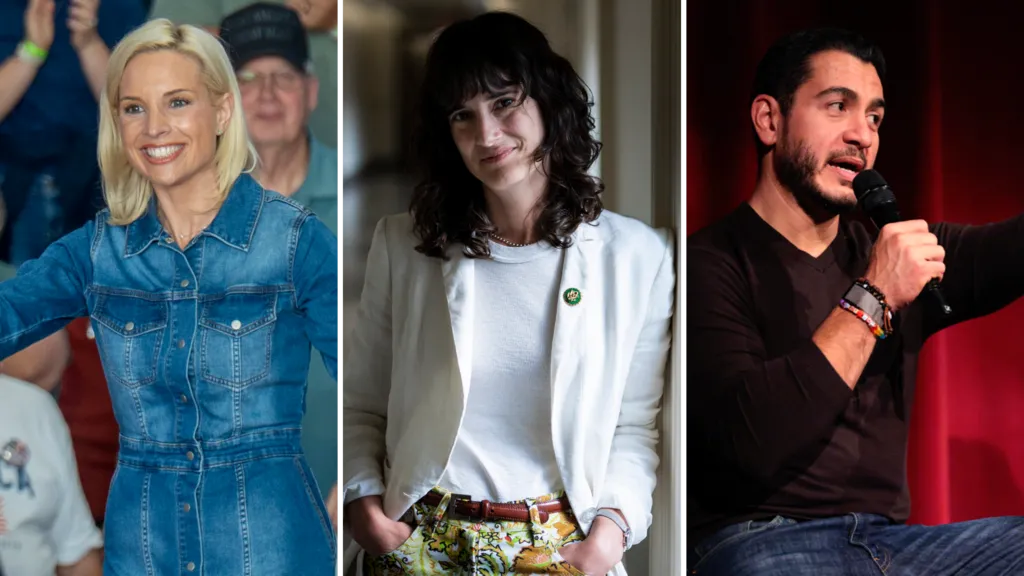 Getty Images Composite image of Ashley Hinson, Marie Gluesenkamp Perez and Abdul El-Sayed. Hinson (left) wears a dark denim dress, Gluesenkamp Perez (centre) wears a light blazer over a light top, and El-Sayed (right) wears a dark V-neck jumper and holds a microphone.