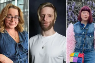 BBC/ Debbie Todd/ Kirsty Hill A composite image of three people with visible differences. Rhiannon has blonde wavy hair, wears glasses and is wearing a denim blue dress. Jono has blond hair and is wearing a white t-shirt. Kirsty has purple hair, and is wearing a denim jacket with pink fluffy sleeves.