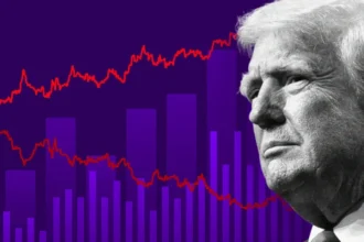 BBC Graphic showing a stylised chart with purple bar graphs and two red trend lines moving in opposite directions across the image. A black-and-white close-up portrait of Donald Trump fills the right side of the frame. The image uses a dark purple background.