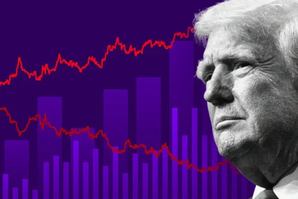 BBC Graphic showing a stylised chart with purple bar graphs and two red trend lines moving in opposite directions across the image. A black-and-white close-up portrait of Donald Trump fills the right side of the frame. The image uses a dark purple background.