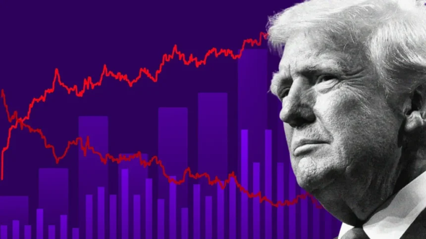 BBC Graphic showing a stylised chart with purple bar graphs and two red trend lines moving in opposite directions across the image. A black-and-white close-up portrait of Donald Trump fills the right side of the frame. The image uses a dark purple background.