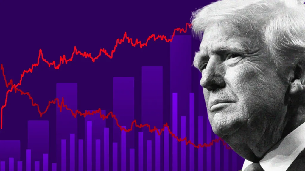 BBC Graphic showing a stylised chart with purple bar graphs and two red trend lines moving in opposite directions across the image. A black-and-white close-up portrait of Donald Trump fills the right side of the frame. The image uses a dark purple background.
