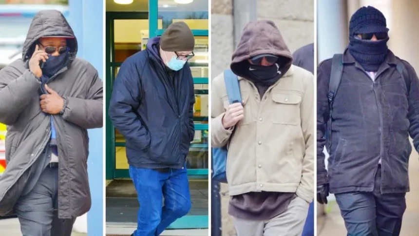 Press Association A composite image of the four defendants arriving at court. They are all wearing a hat or a hood, covering their face and eyes with glasses.