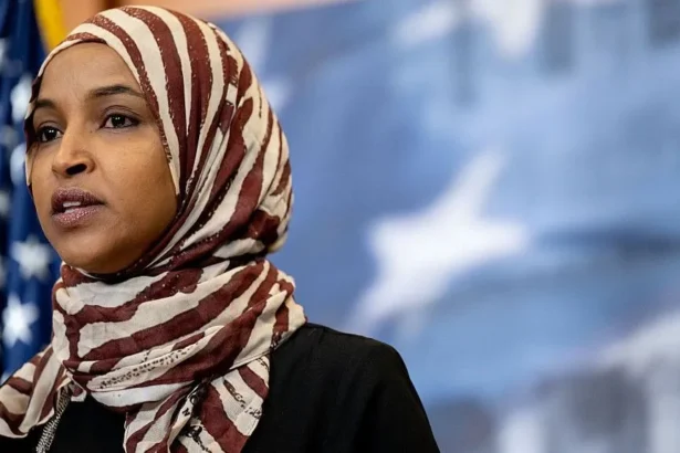 Getty Images Ilhan Omar speaks at a news conference in Washington DC ahead of President Donald Trump's 2026 State of the Union address