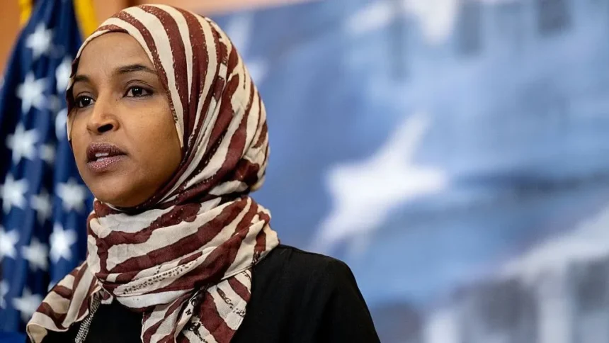 Getty Images Ilhan Omar speaks at a news conference in Washington DC ahead of President Donald Trump's 2026 State of the Union address
