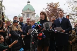 Reuters Representatives of the electoral list "Student List - Students Win" hold a media conference in Pioneers' Park in Belgrade, Serbia, October 29