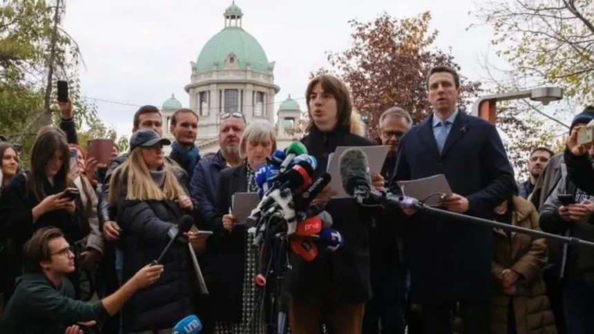 Reuters Representatives of the electoral list "Student List - Students Win" hold a media conference in Pioneers' Park in Belgrade, Serbia, October 29