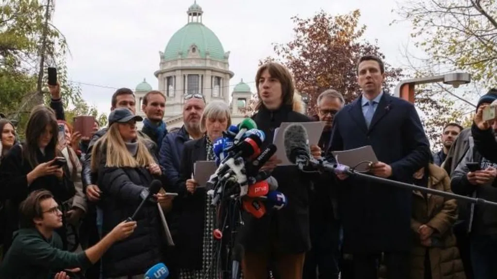 Reuters Representatives of the electoral list "Student List - Students Win" hold a media conference in Pioneers' Park in Belgrade, Serbia, October 29