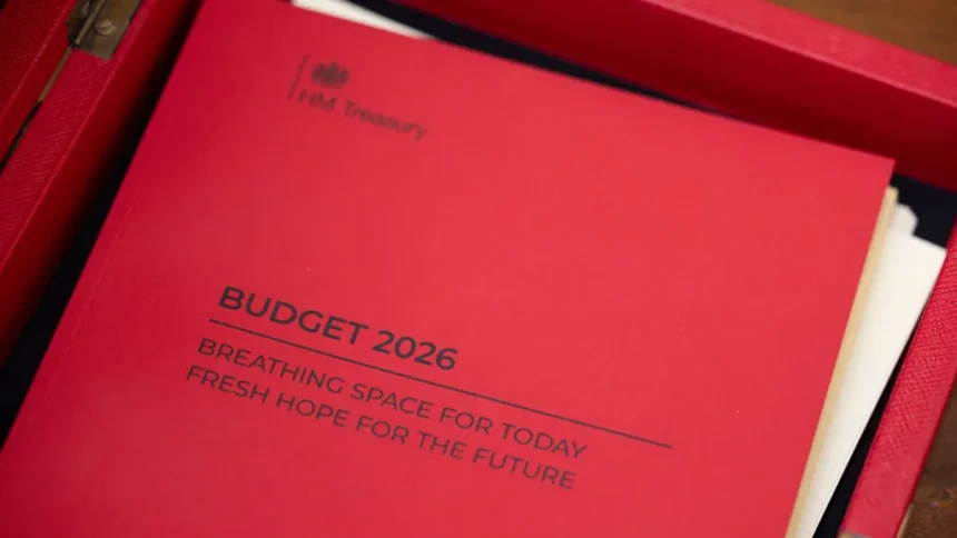 Kirsty O'Connor / HM Treasury The Budget 2026 cover, photographed in the No 11 office in Downing Street.