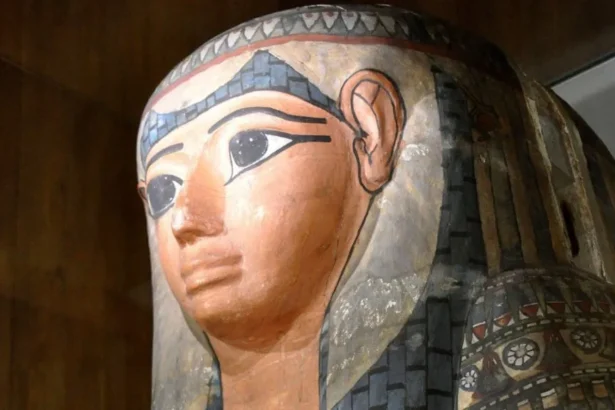 Wikipedia Commons Lady Shep-En-Hor's sarcophagus  on display at The Hunterian Museum in Glasgow. The sarcophagus is multicoloured and has a number of Egyptian hieroglyphics on it.