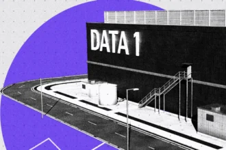 BBC Treated image of a data centre. A black and white image of the building is set against a striking purple backdrop, intersected by jagged white lines.