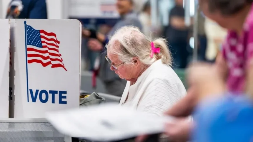 EPA An older woman, wearing metal rimmed glasses, a white sweater, and with her white hair pulled up in a pink claw clip, sits in front of a voting booth. On it is a US flag and the word 'VOTE' in blue.