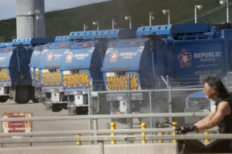 The Mercury News via Getty Images Blue rubbish trucks lined up at Newby Island landfill. A cyclist is in the foreground.